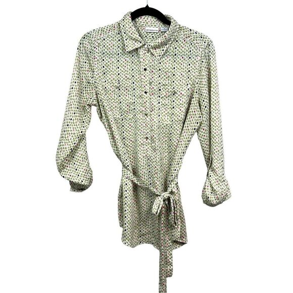 Liz Claiborne Blouse Top Button Up Tie Waist Rolled Tab Sleeves Green Women Sz M - Picture 1 of 5